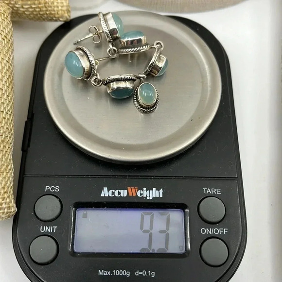 Navajo-Inspired Sterling Silver & Blue Chalcedony Drop Earrings - Picture 8 of 8